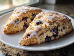 Two triangular blueberry scones, golden brown and topped with a sweet vanilla glaze, resting on a white plate.