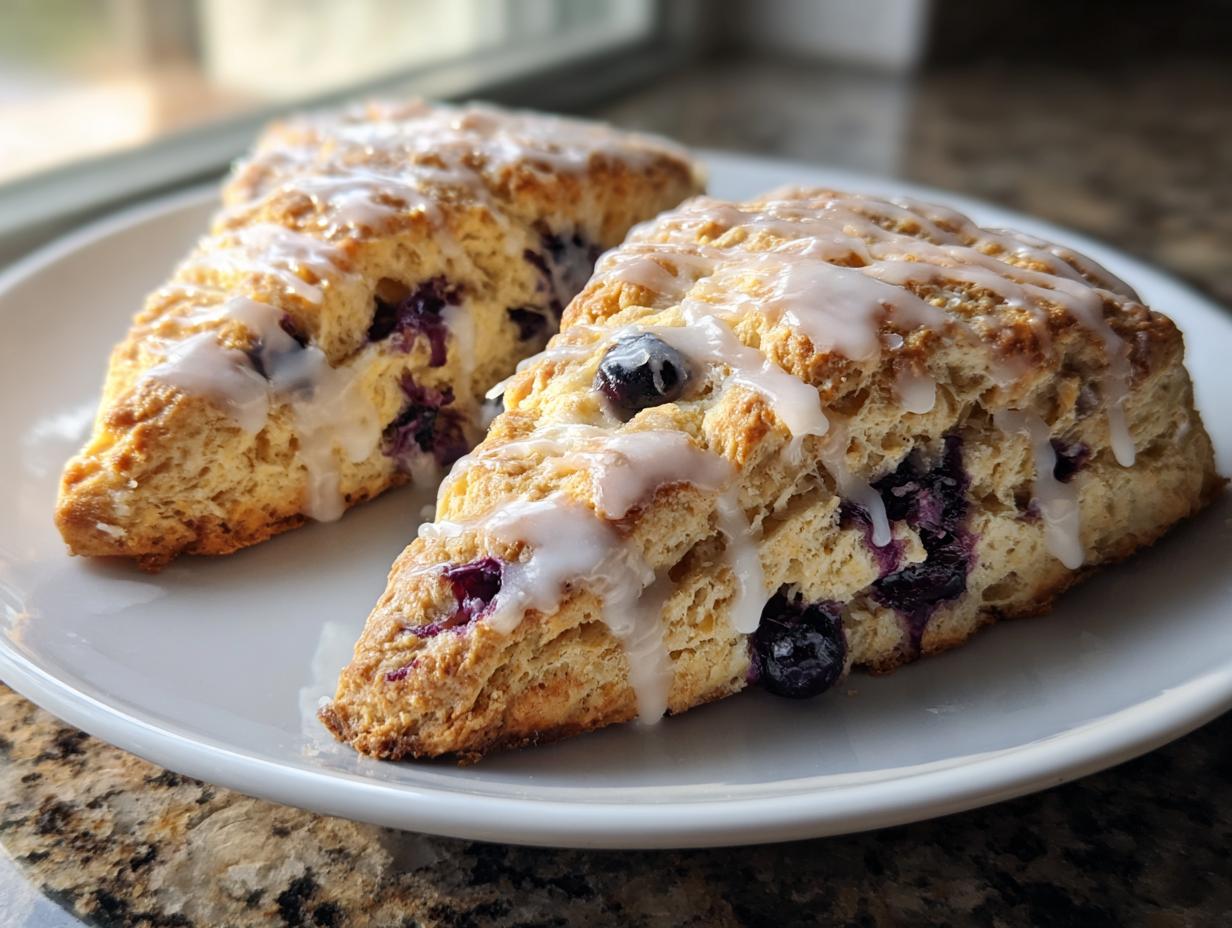 Two triangular blueberry scones, golden brown and topped with a sweet vanilla glaze, resting on a white plate.