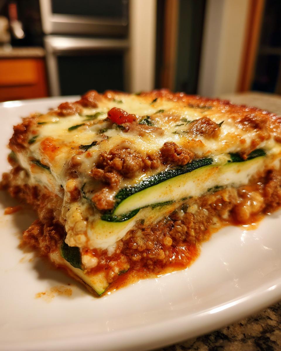 A close-up, tempting slice of zucchini lasagna featuring layers of meat sauce, ricotta, and zucchini noodles.