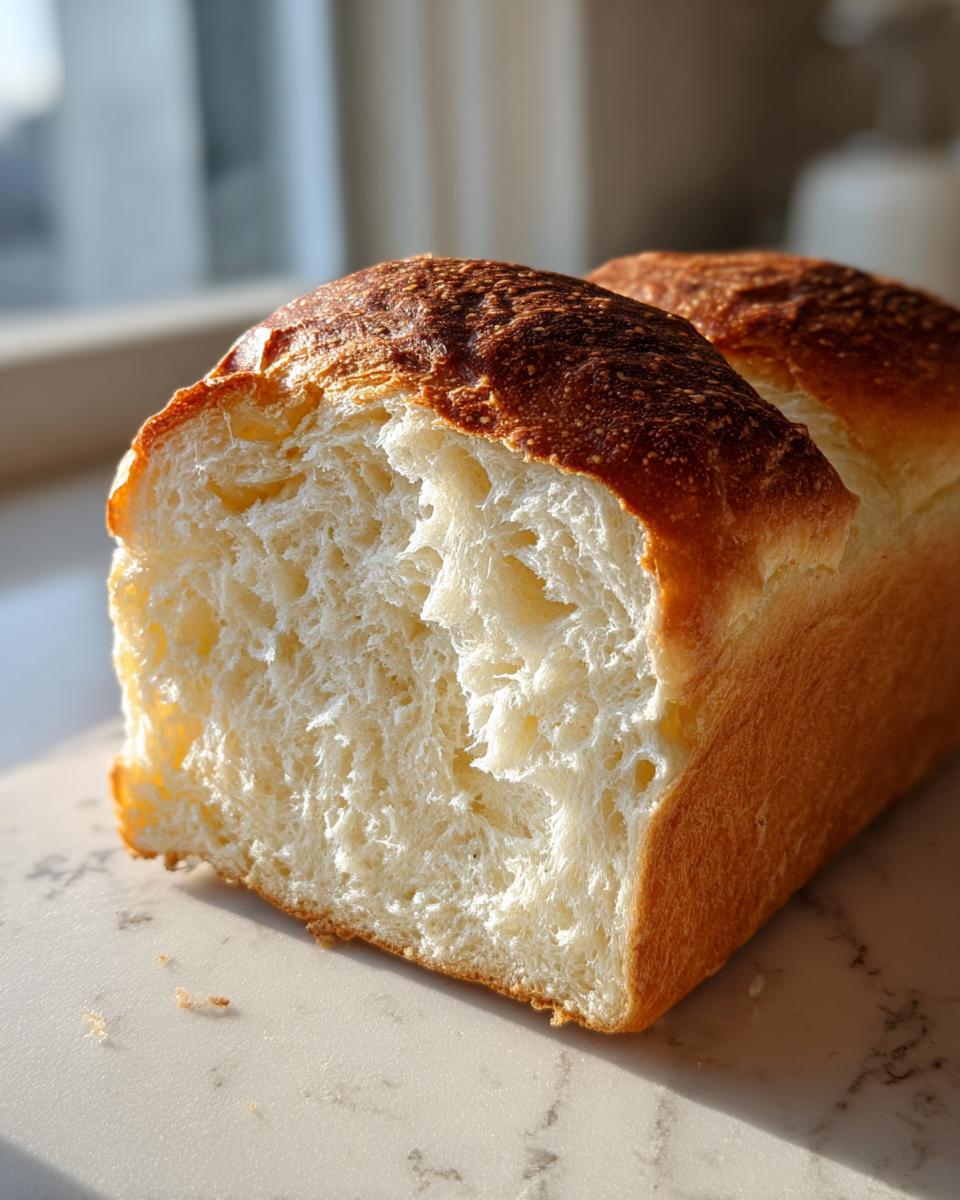 Close-up of a freshly baked loaf of condensed milk bread, showing the soft, white, fluffy interior and golden-brown crust.