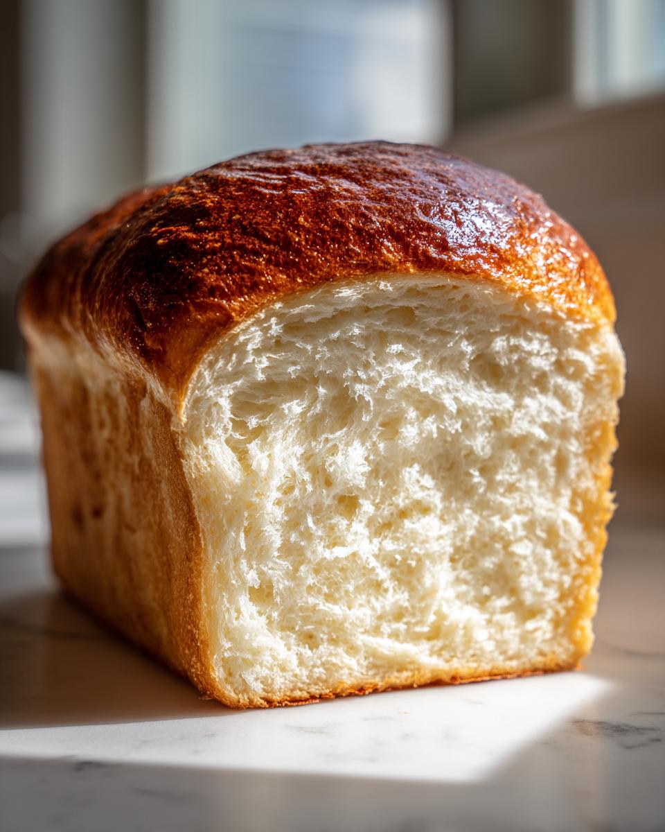 Close-up of a freshly baked loaf of condensed milk bread, showing a rich brown crust and soft, white interior crumb.