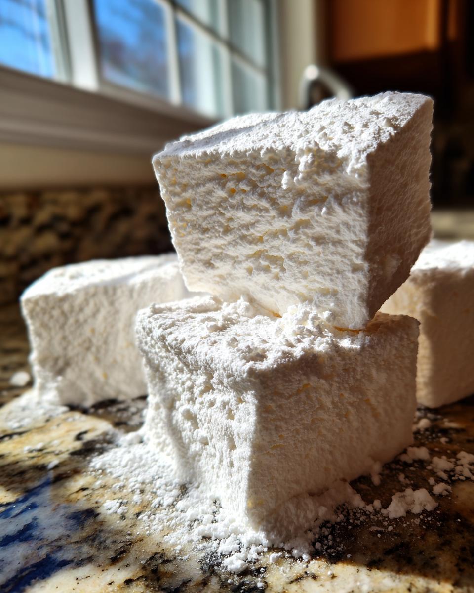 Close-up of thick, square homemade marshmallows heavily dusted with powdered sugar on a granite countertop.