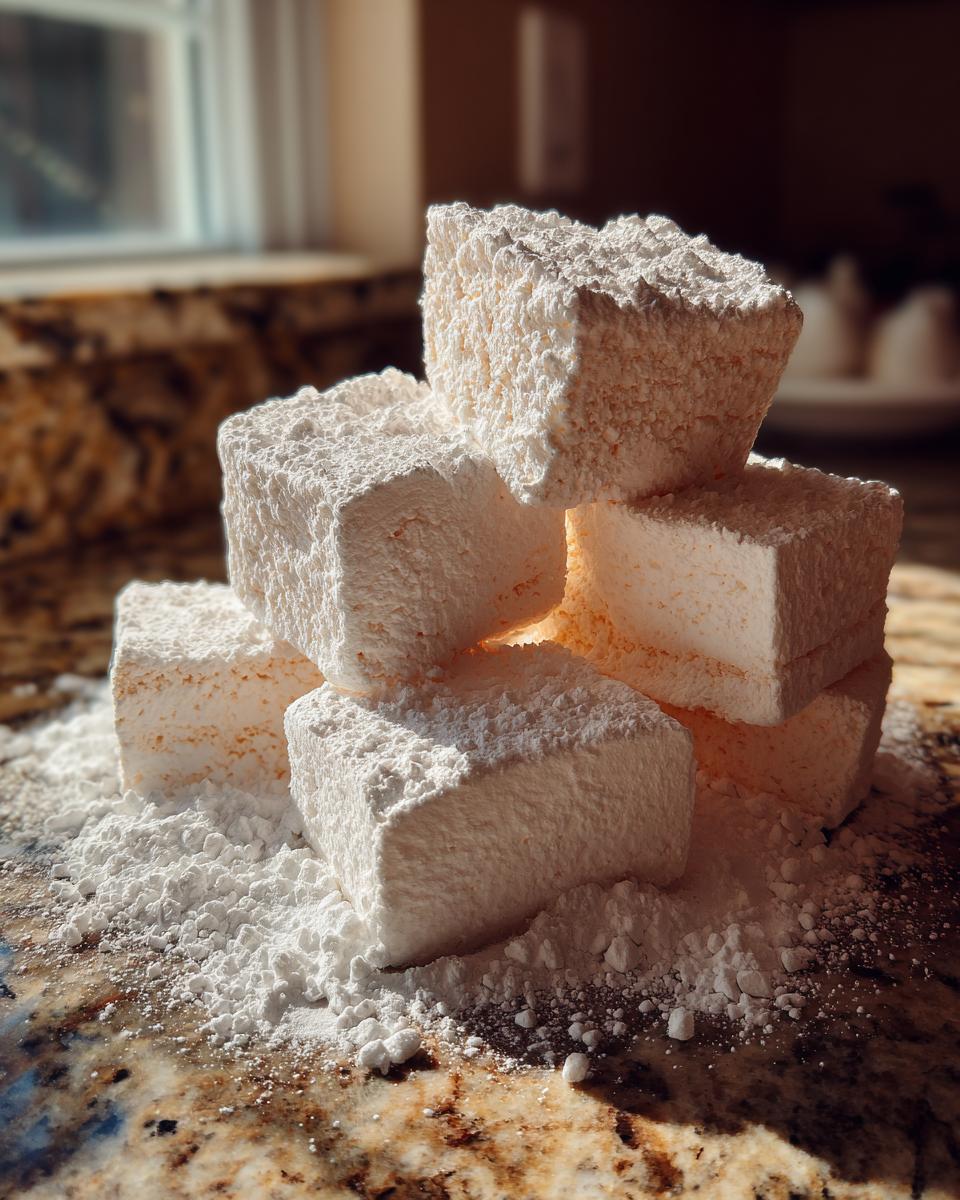 A stack of five square, fluffy homemade marshmallows heavily dusted with powdered sugar on a granite countertop.
