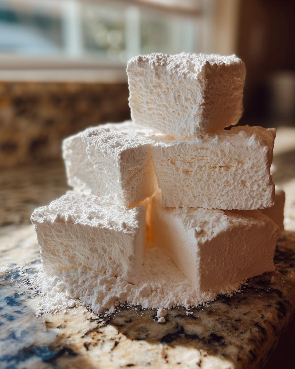 A stack of four large, fluffy homemade marshmallows heavily dusted with powdered sugar sitting on a granite countertop.