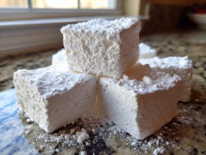 A stack of four fluffy, square homemade marshmallows heavily dusted with powdered sugar on a granite countertop.