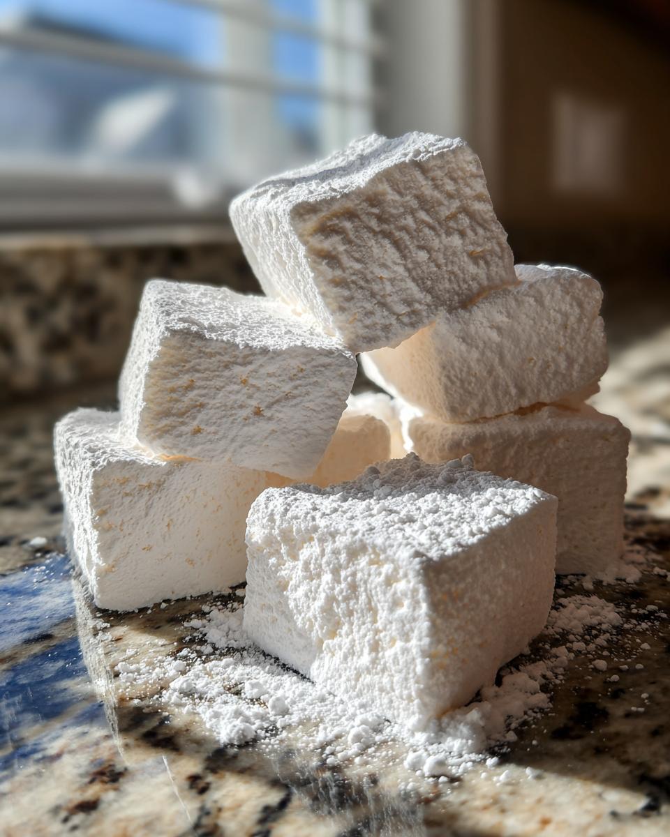 A stack of large, square homemade marshmallows heavily dusted with powdered sugar on a granite countertop.