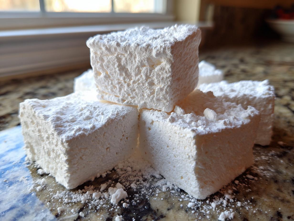 A stack of four fluffy, square homemade marshmallows heavily dusted with powdered sugar on a granite countertop.