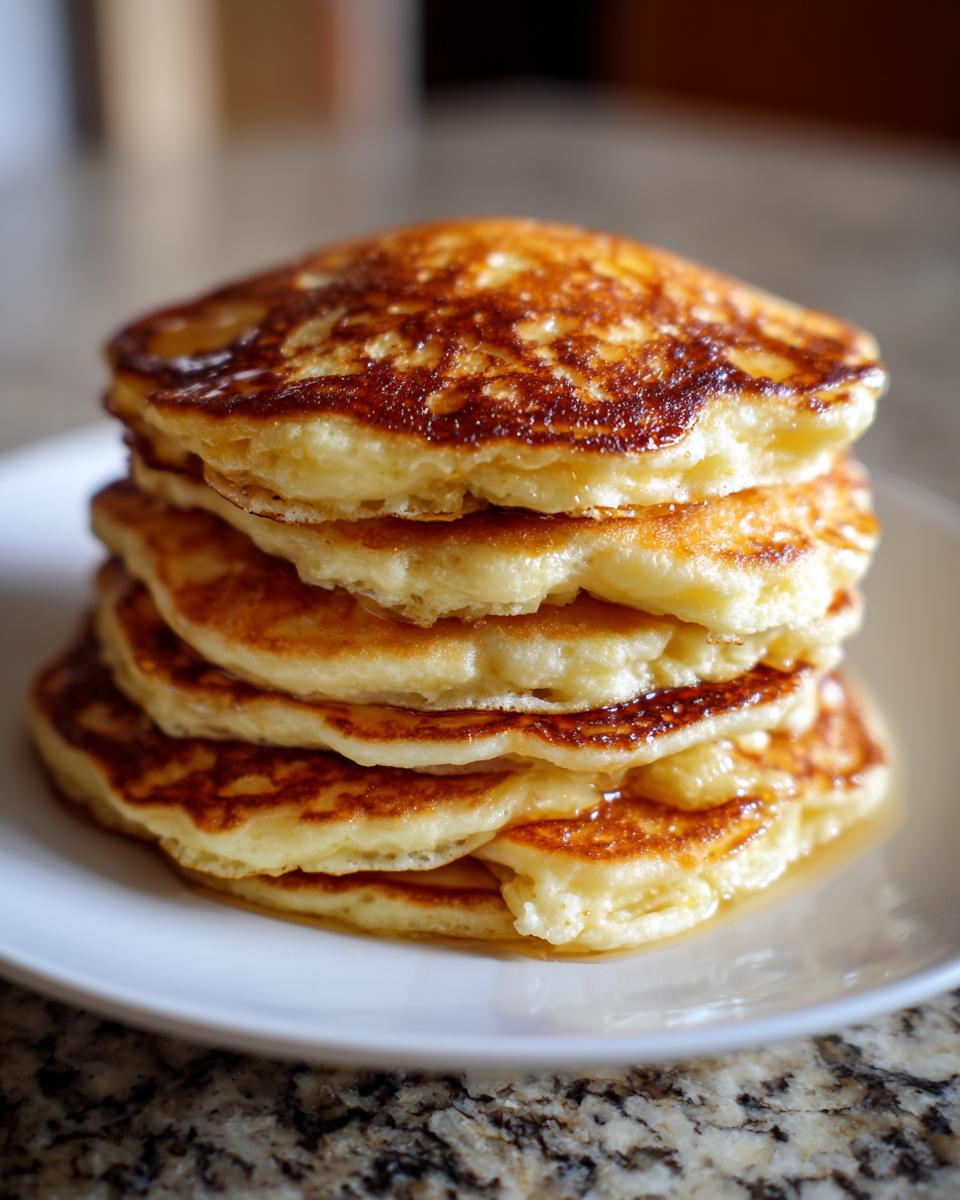 A tall stack of four fluffy pancakes drizzled with syrup, showcasing their golden brown tops.