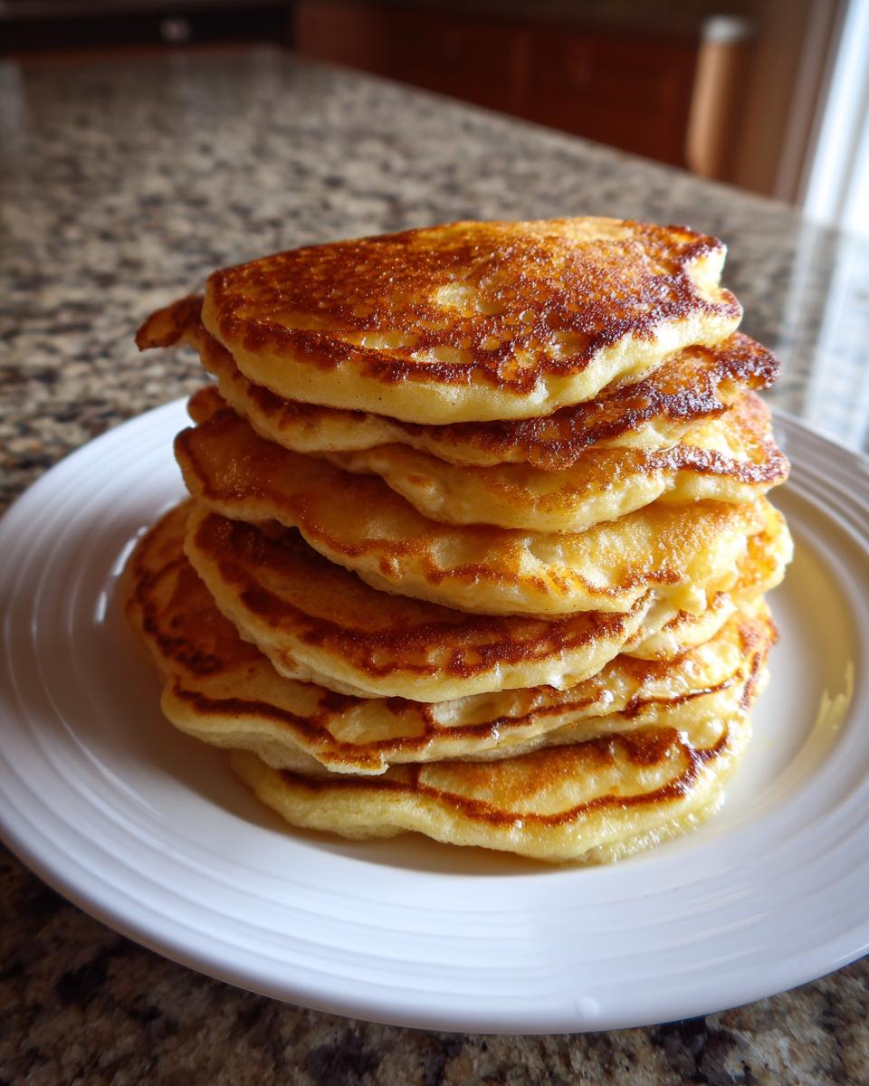 A tall stack of six golden brown, fluffy pancakes served on a white plate.