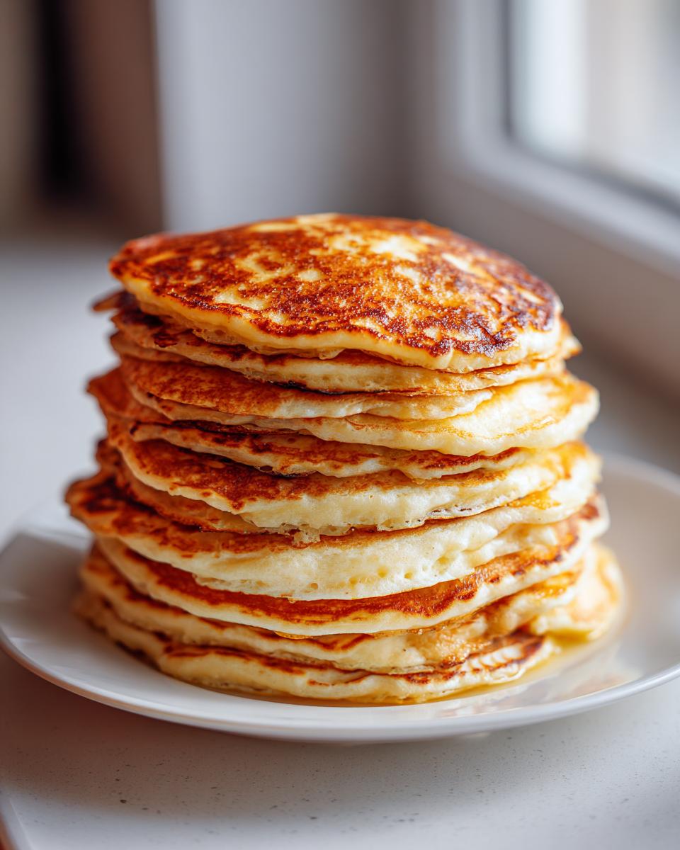 A tall stack of fluffy pancakes with perfectly golden brown, slightly crispy tops served on a white plate.