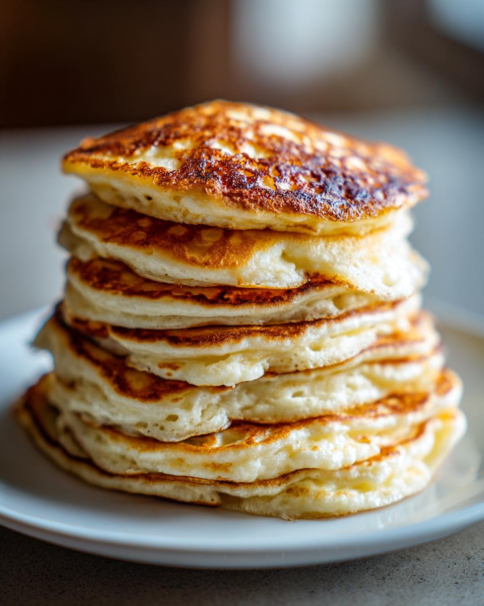 Close-up of a tall stack of fluffy pancakes showing golden-brown, slightly crisp edges.