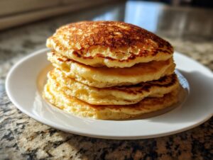 A tall stack of four fluffy pancakes with perfectly golden brown, slightly crispy tops served on a white plate.