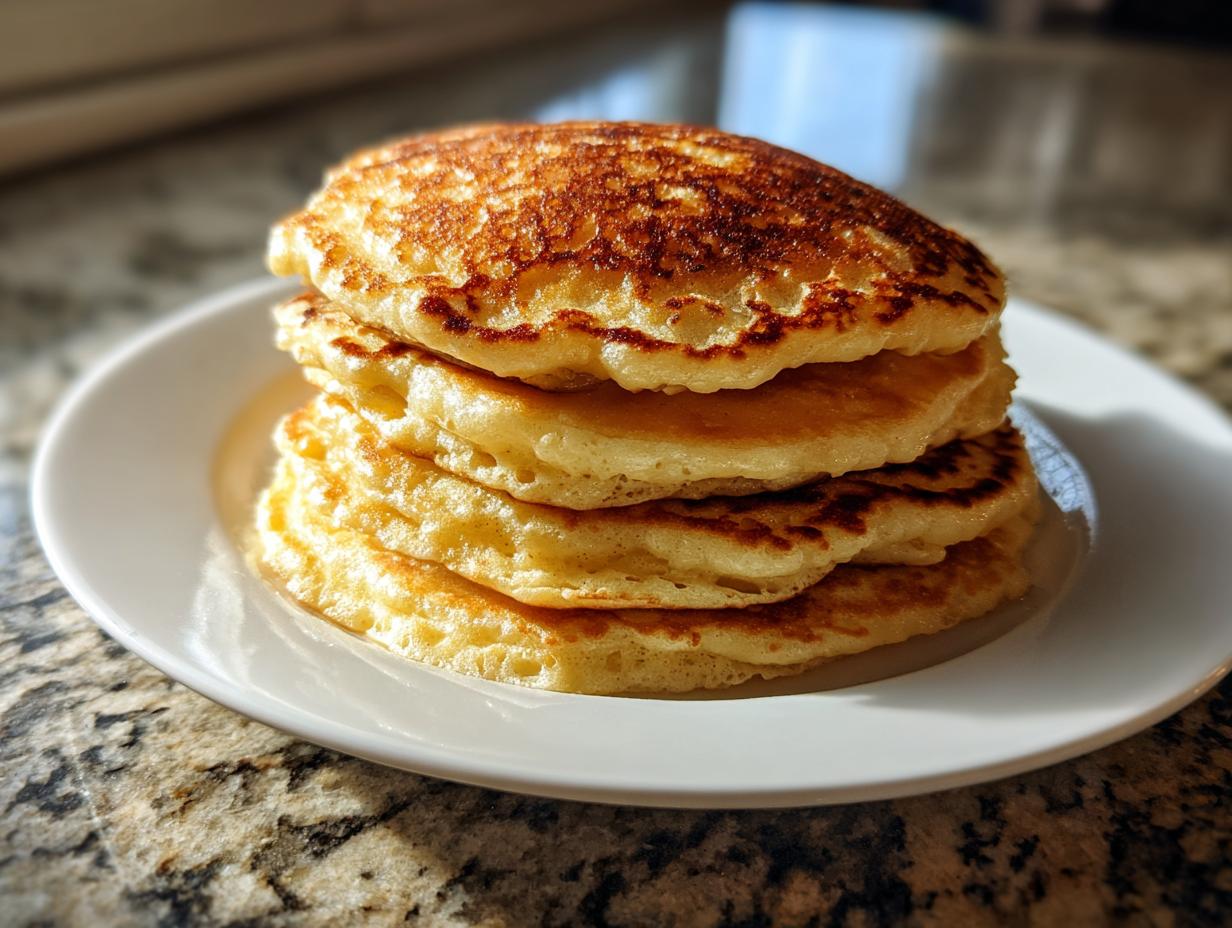 A tall stack of four fluffy pancakes with perfectly golden brown, slightly crispy tops served on a white plate.