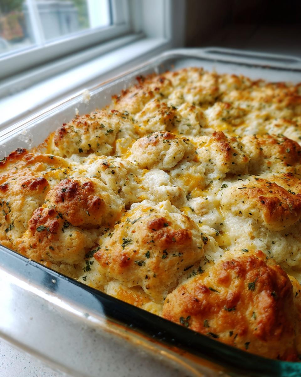 Close-up of a golden-brown, bubbly chicken cobbler casserole topped with biscuits and herbs in a clear baking dish.
