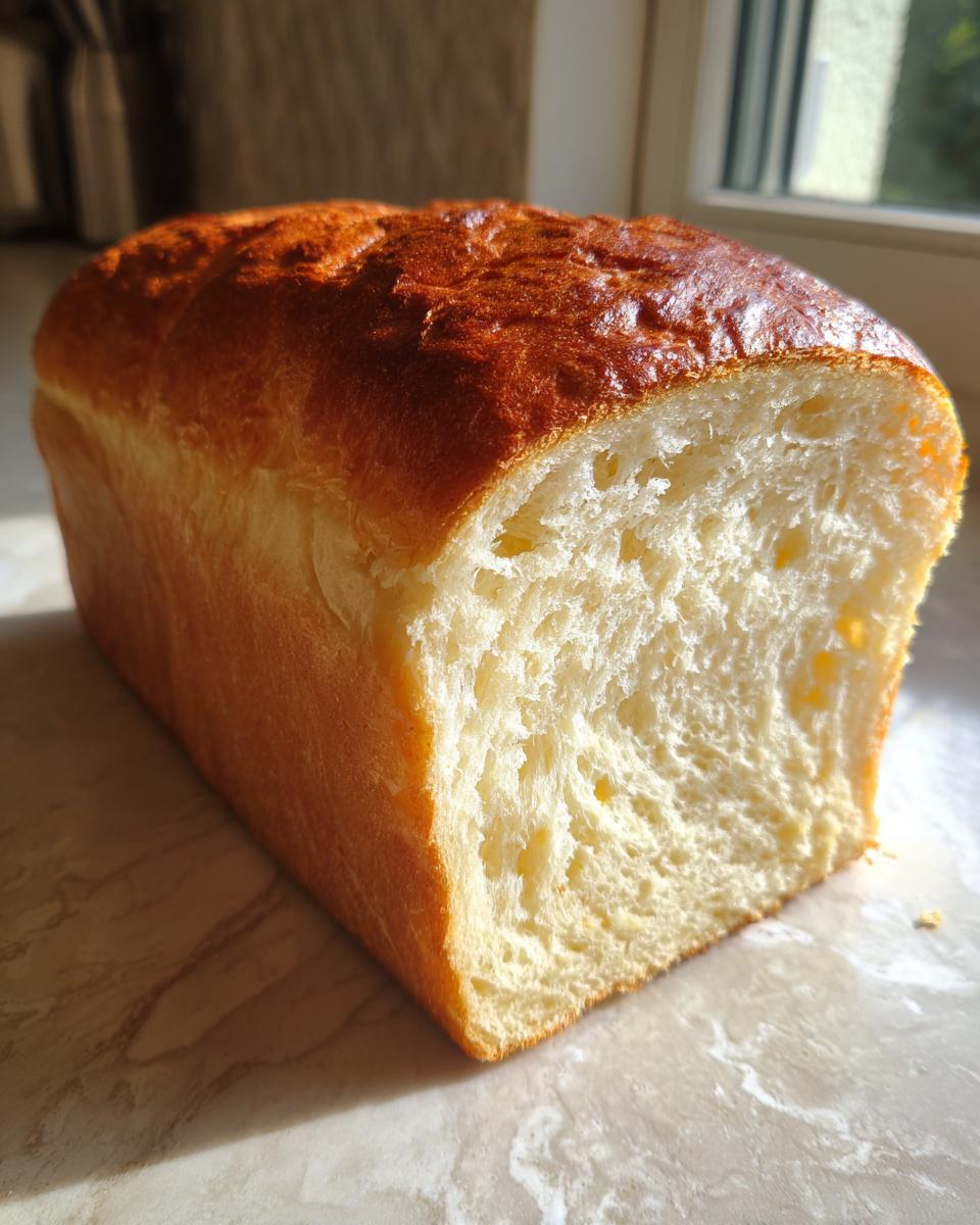 A freshly baked loaf of soft condensed milk bread, showing a golden-brown crust and fluffy white interior.