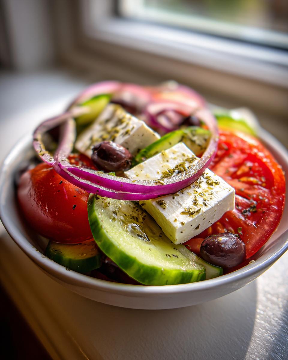 Close-up of a vibrant greek salad featuring thick slices of feta cheese, red onion, cucumber, tomato, and Kalamata olives.