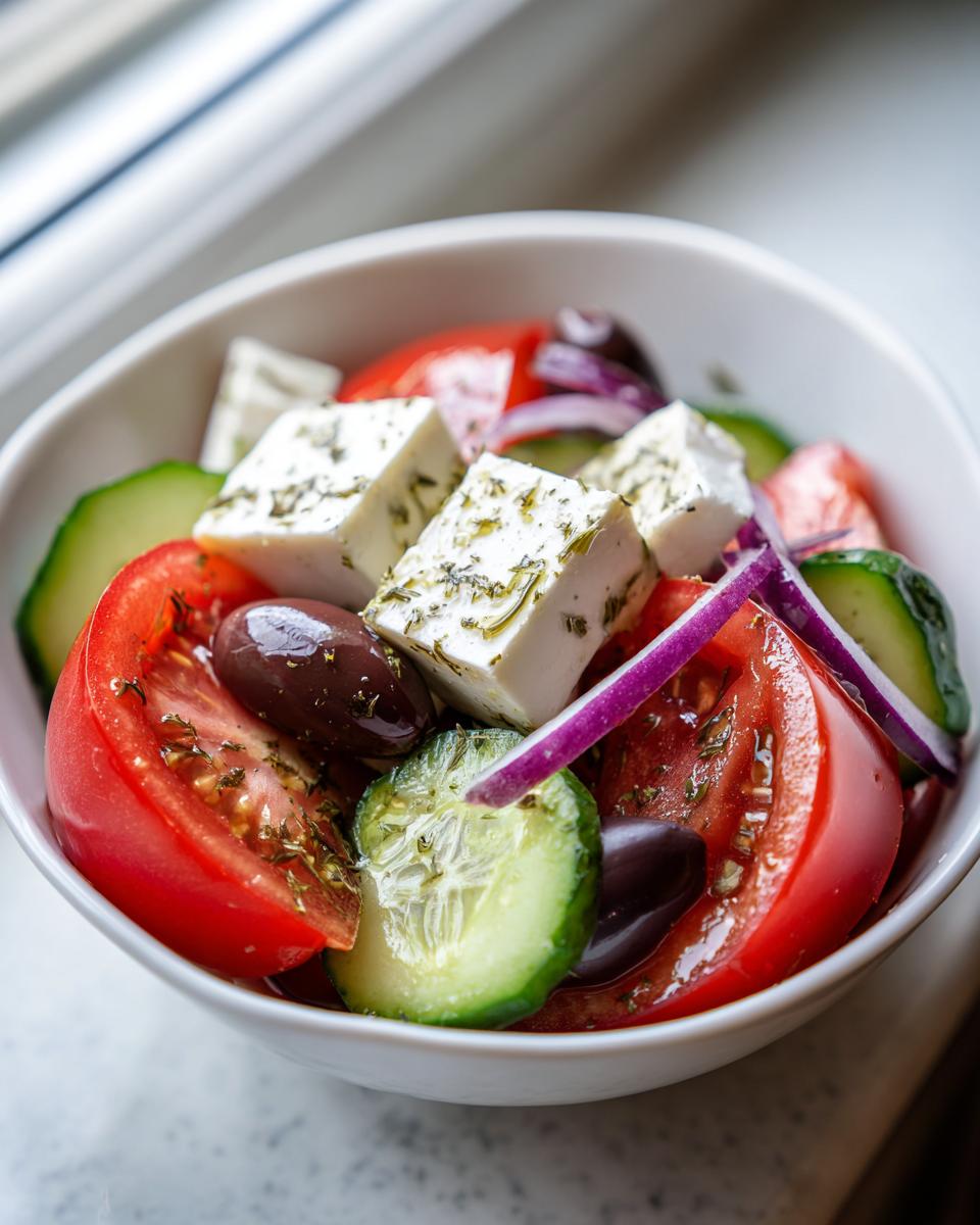 Close-up of a vibrant greek salad in a white bowl featuring large cubes of feta, ripe tomatoes, cucumbers, red onion, and Kalamata olives.
