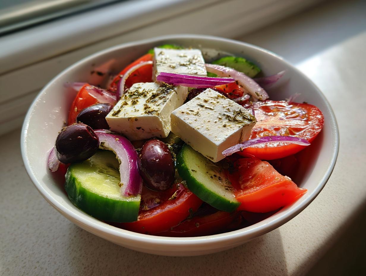 Close-up of a vibrant greek salad featuring large chunks of feta cheese, tomatoes, cucumbers, red onion, and Kalamata olives.
