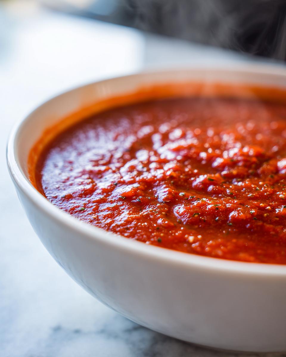 Close-up of rich, steaming tomato sauce with visible herbs in a white bowl.