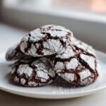 A stack of rich, dark chocolate crinkle cookies heavily dusted with white powdered sugar, resting on a white plate.