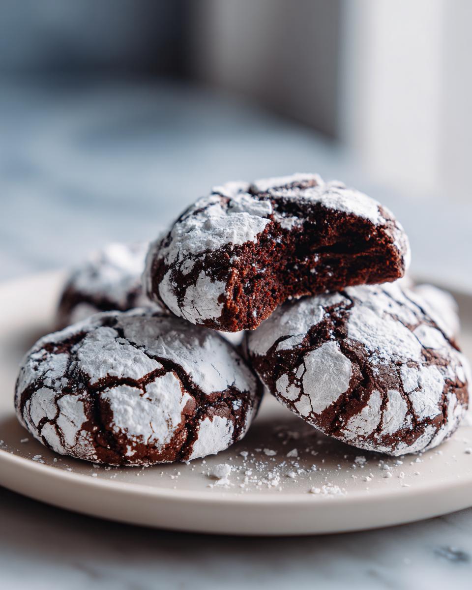 Close-up of fudgy chocolate crinkle cookies dusted heavily with powdered sugar, one cookie is broken open.