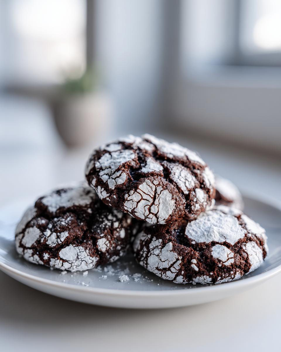Close-up of three fudgy chocolate crinkle cookies dusted heavily with powdered sugar on a light gray plate.