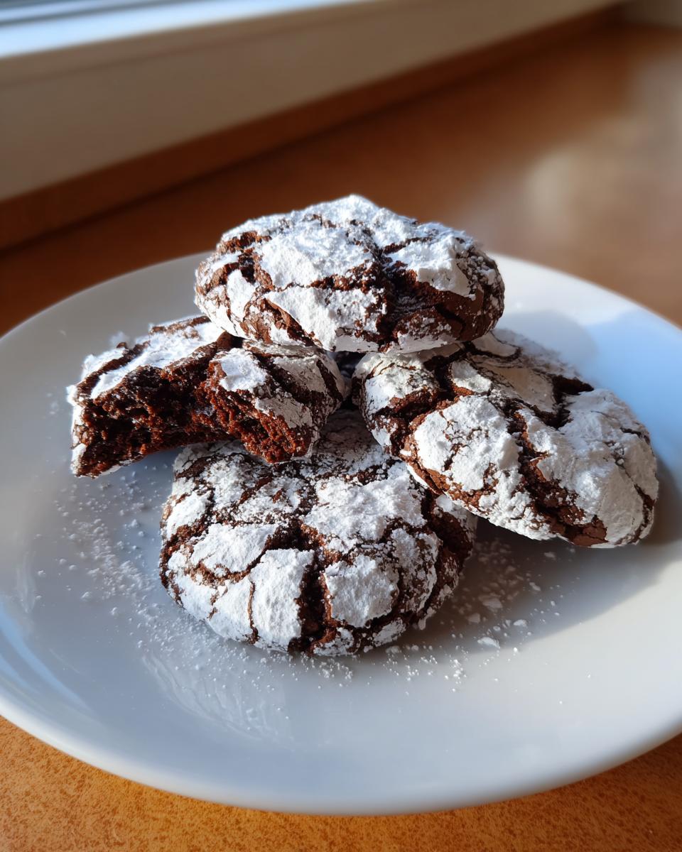 A stack of four fudgy chocolate crinkle cookies generously dusted with white powdered sugar on a white plate.