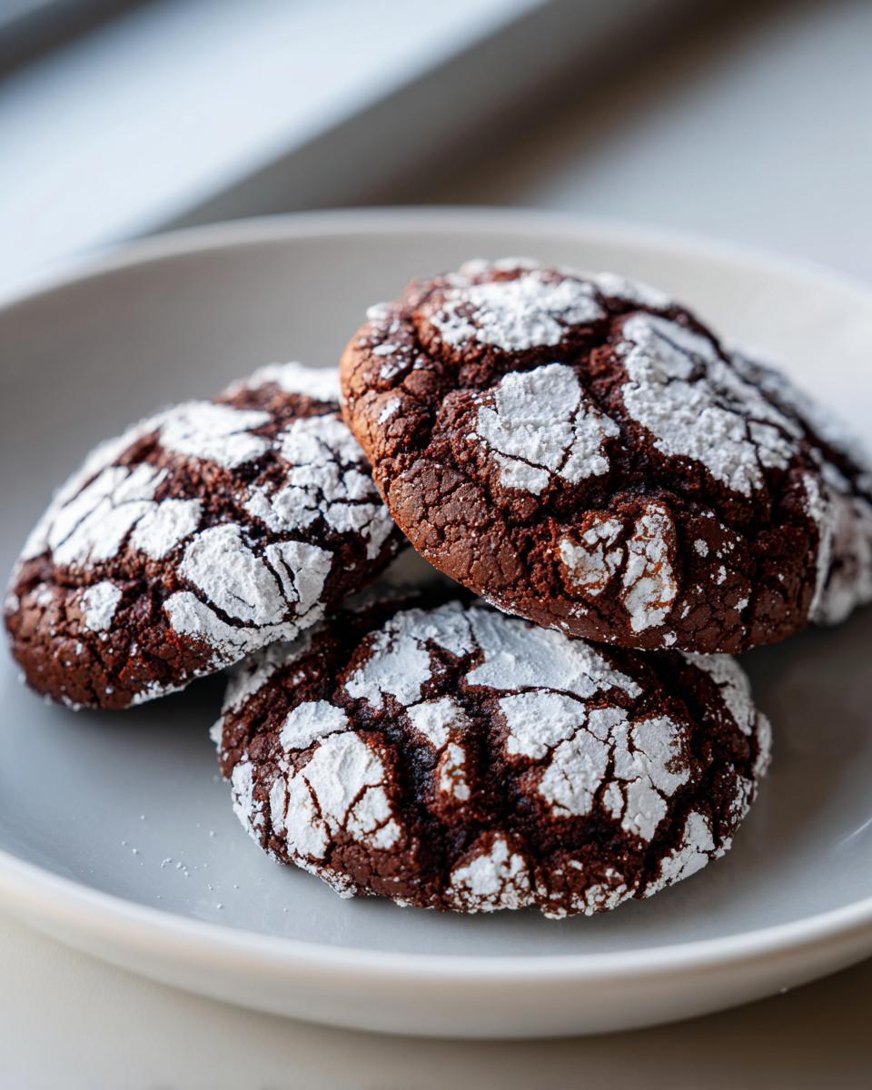 Three fudgy chocolate crinkle cookies heavily dusted with powdered sugar, sitting on a light gray plate.