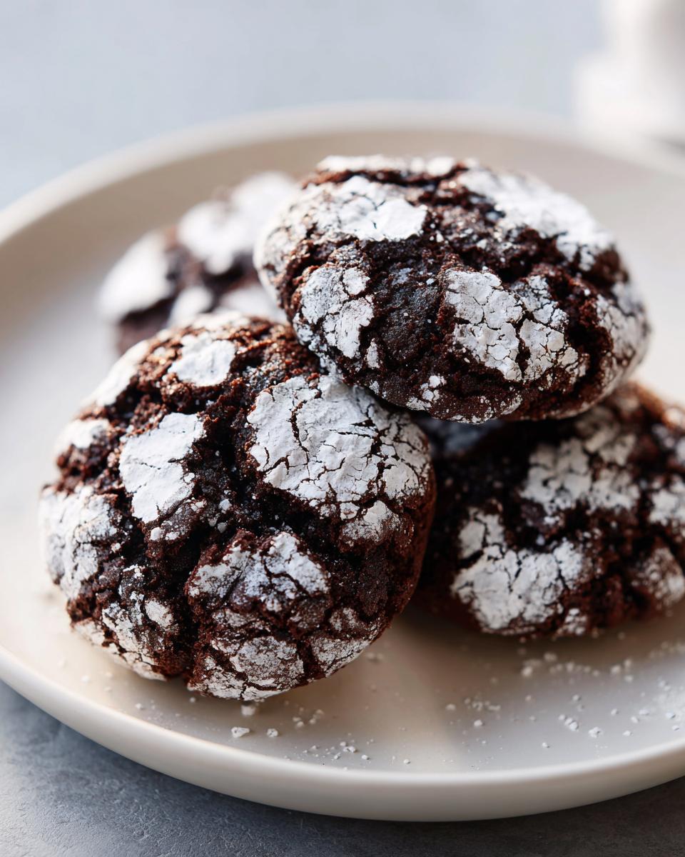 Close-up of several fudgy chocolate crinkle cookies heavily dusted with powdered sugar on a white plate.