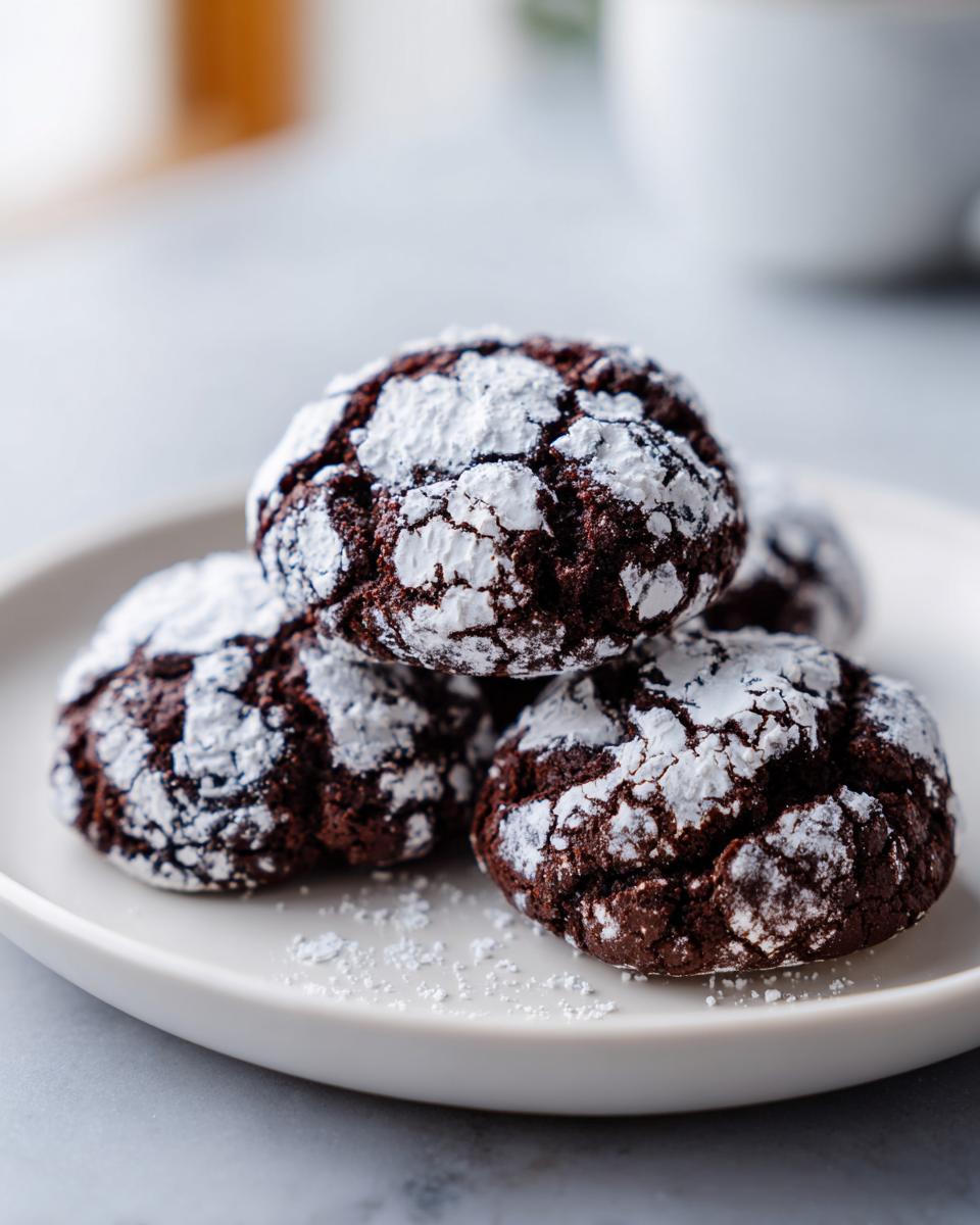 A stack of four rich, dark chocolate crinkle cookies heavily dusted with powdered sugar on a white plate.