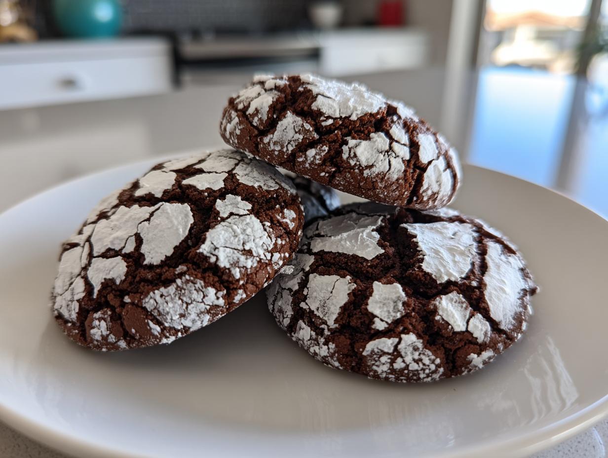 A close-up of three fudgy chocolate crinkle cookies dusted heavily with powdered sugar on a white plate.