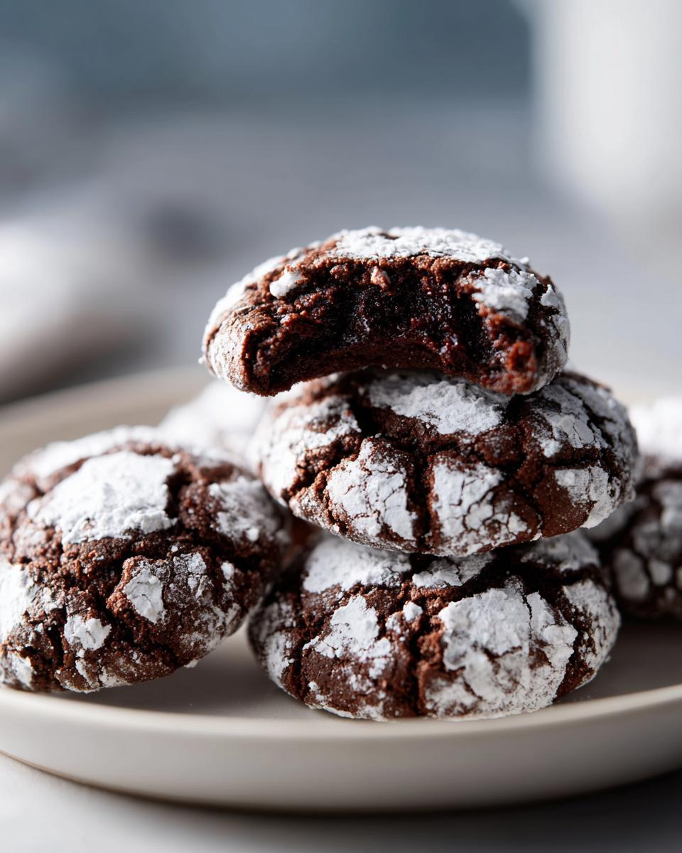 A stack of fudgy crinkle cookies dusted heavily with powdered sugar, one cookie on top has a bite taken out.