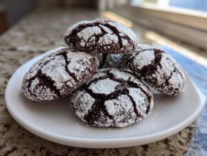 A stack of five rich, dark chocolate crinkle cookies heavily dusted with powdered sugar, sitting on a white plate.