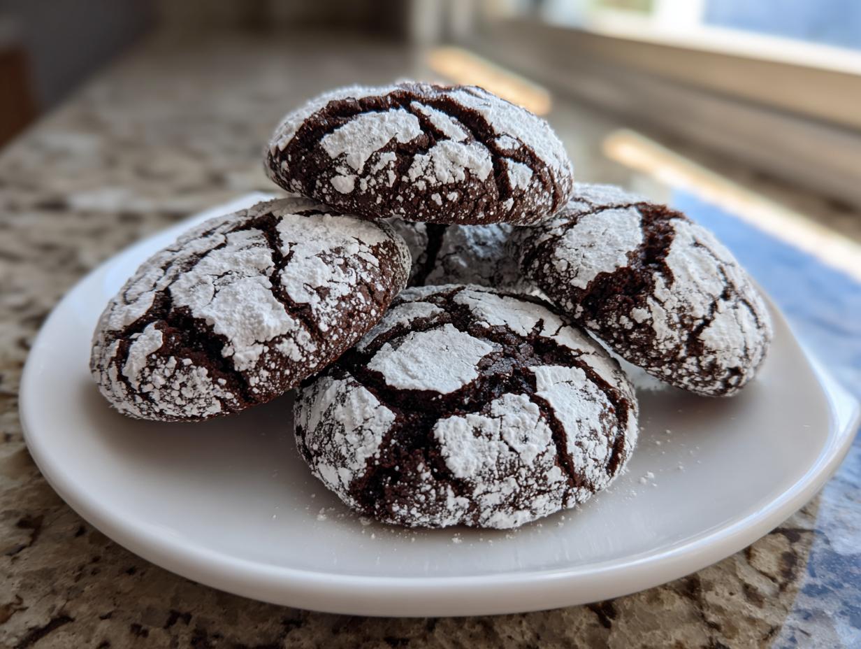 A stack of five rich, dark chocolate crinkle cookies heavily dusted with powdered sugar, sitting on a white plate.