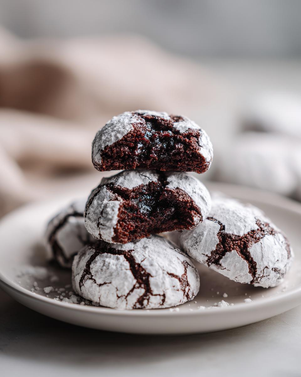 A stack of fudgy chocolate crinkle cookies heavily dusted with powdered sugar on a light plate.
