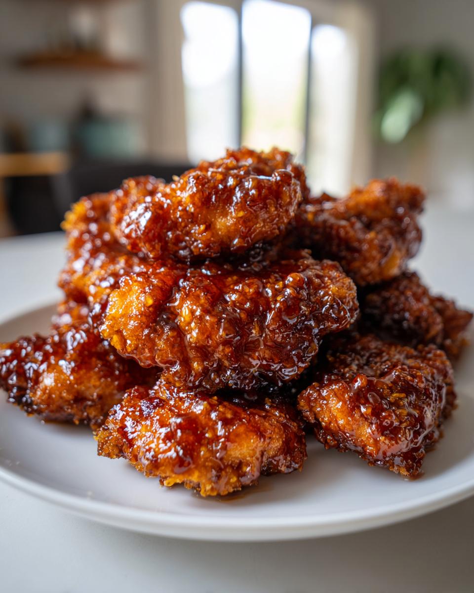 A close-up of a pile of crispy hot honey chicken tenders coated in a thick, glossy, dark amber glaze.