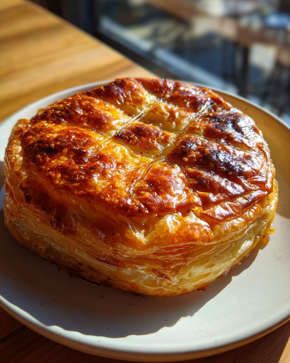A whole, golden brown baked brie in puff pastry sitting on a light plate, glistening under bright light.