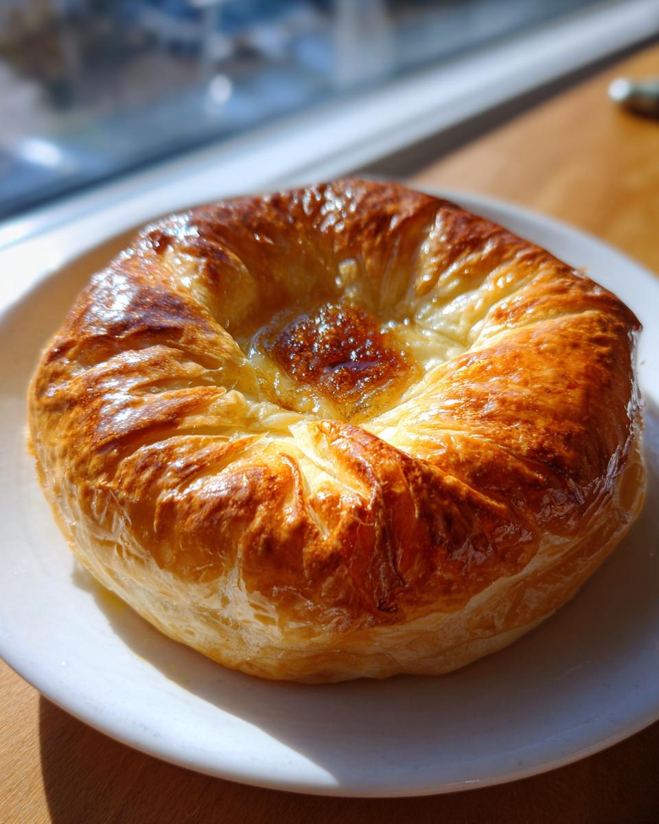 A perfectly golden brown baked brie in puff pastry, glistening with a honey topping, served on a white plate.