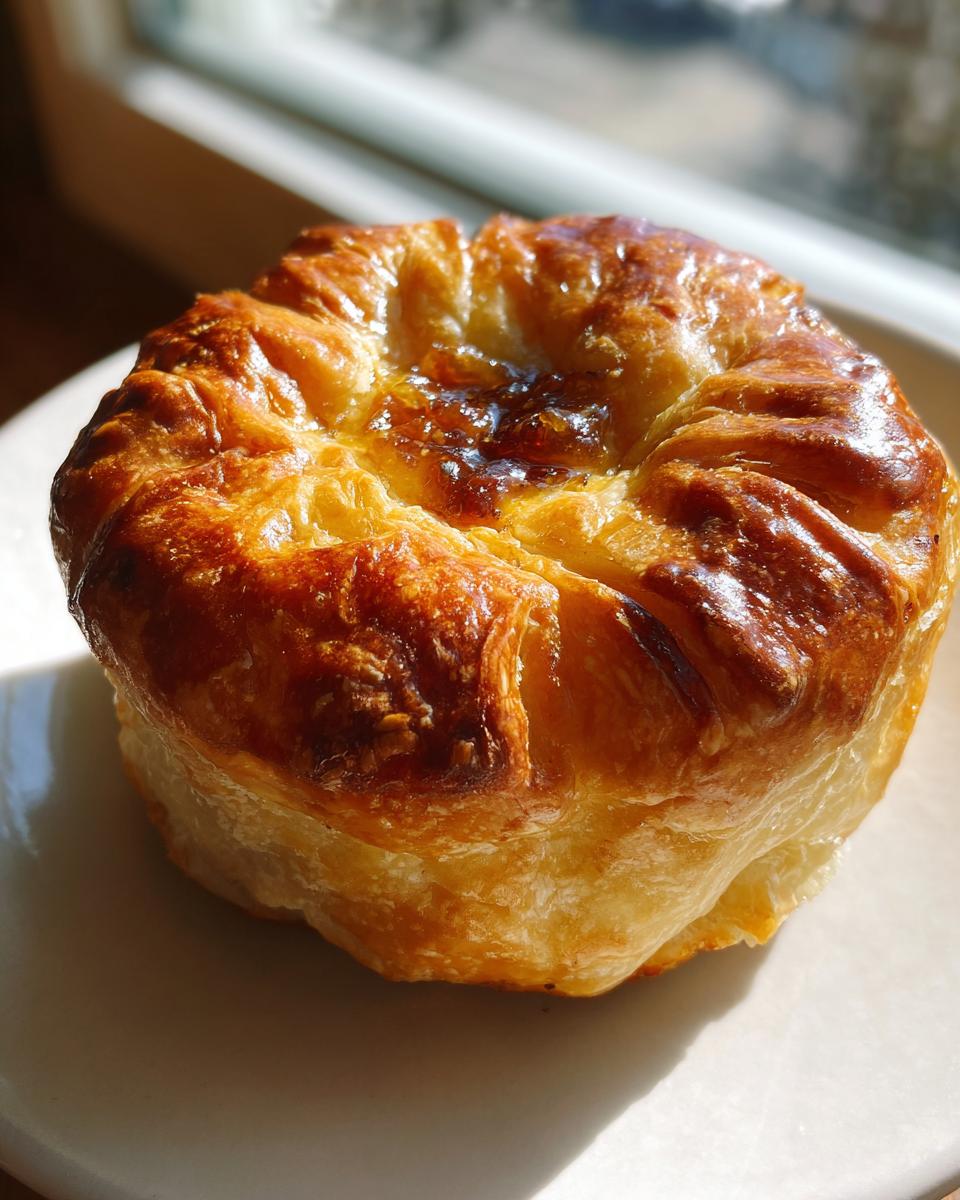 A close-up of a perfectly golden brown baked brie in puff pastry with a glistening topping.