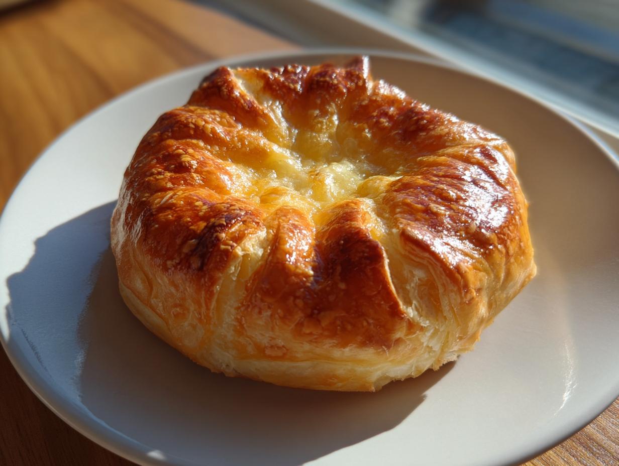 A perfectly golden brown baked brie in puff pastry, glistening and served on a light-colored plate.