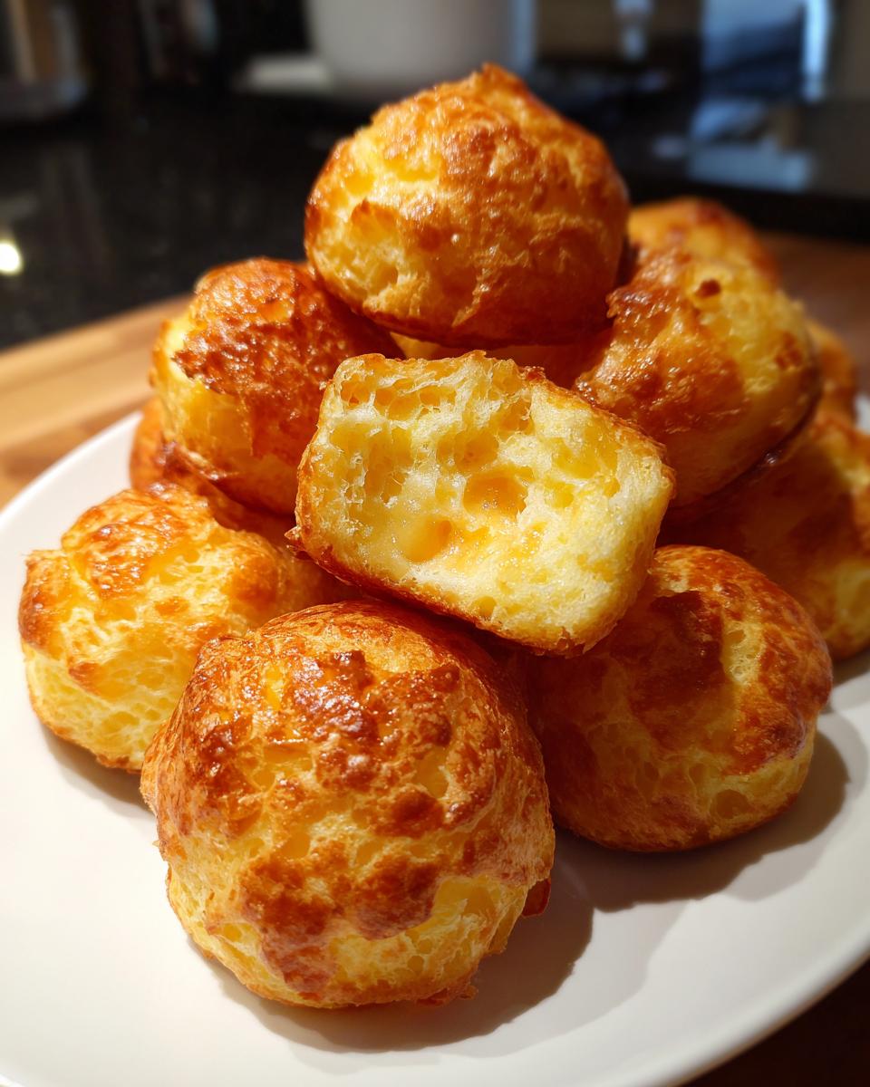 A pile of freshly baked, golden brown brazilian cheese bread with one piece broken open showing the airy, cheesy interior.