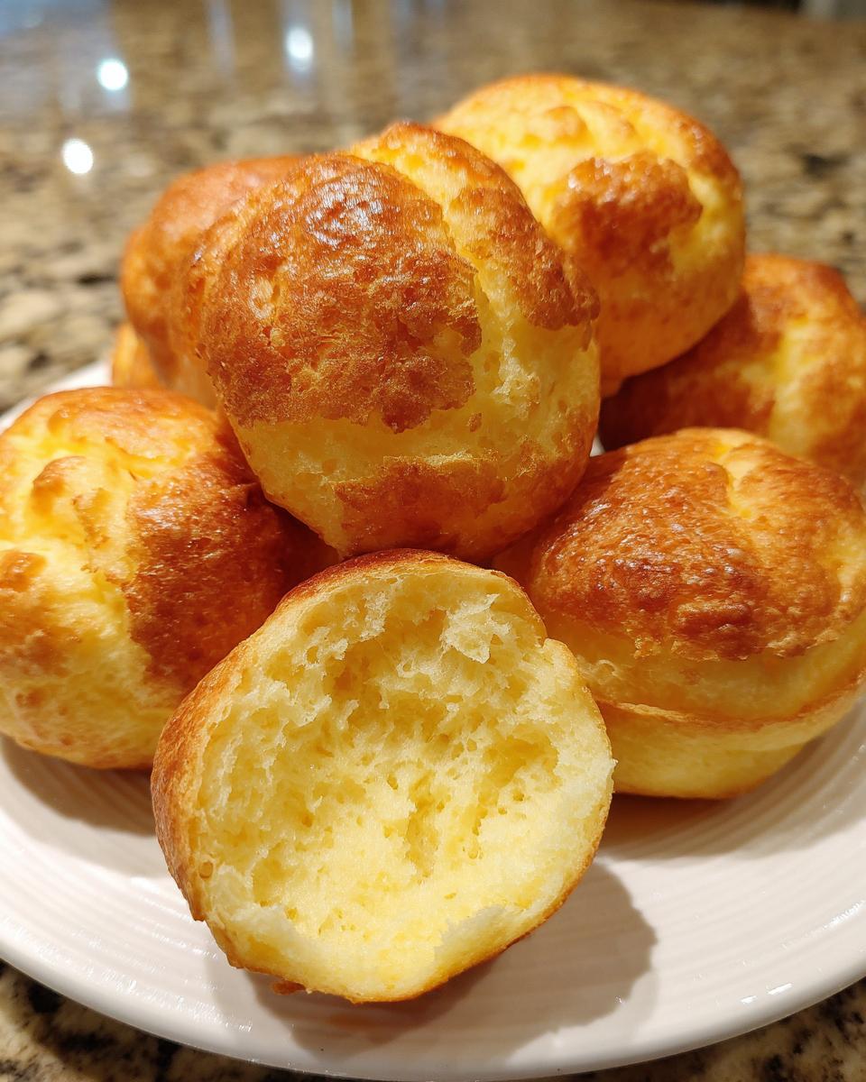 A pile of golden brown brazilian cheese bread puffs on a white plate, one is broken open showing the airy, cheesy interior.