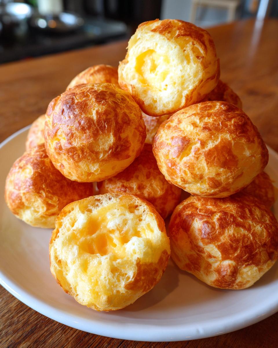A close-up of several golden-brown Brazilian cheese bread puffs stacked on a white plate, showing their airy interior.