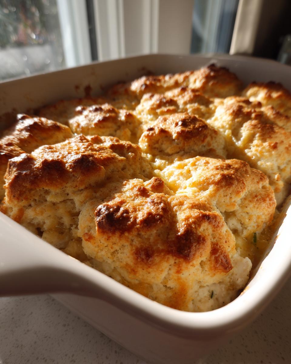 Close-up of a freshly baked chicken cobbler casserole with golden, fluffy biscuit topping.