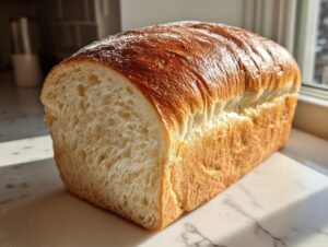 A freshly baked loaf of soft, white condensed milk bread with a golden-brown, shiny crust.