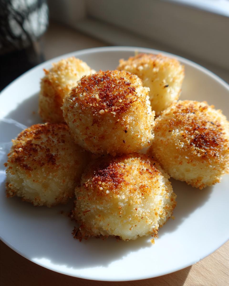 Close-up of several golden brown, breaded potato dumplings served on a white plate.