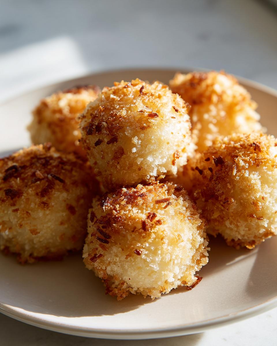 Close-up of several golden brown, crispy potato dumplings served on a light-colored plate.