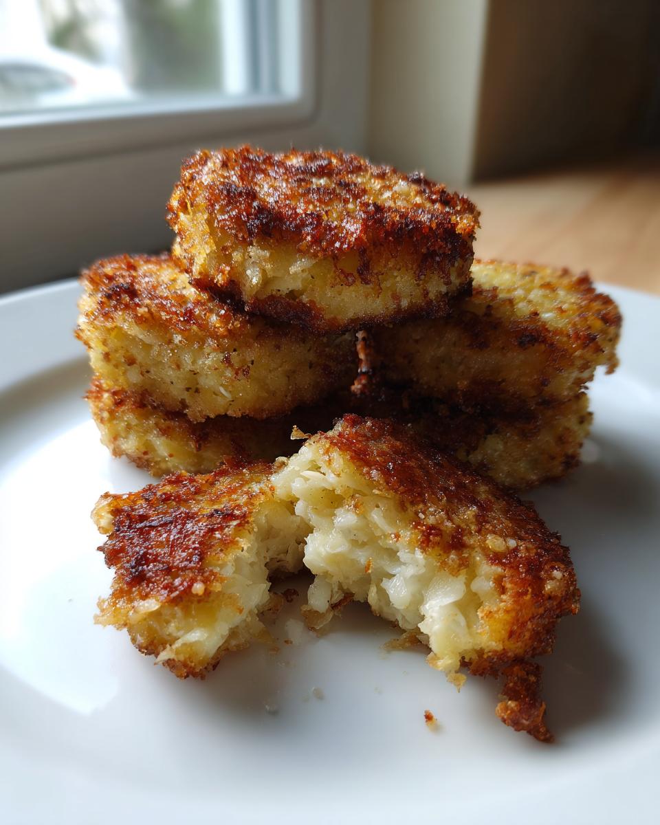 A stack of crispy, golden brown potato croquettes, with one broken open showing the fluffy interior.
