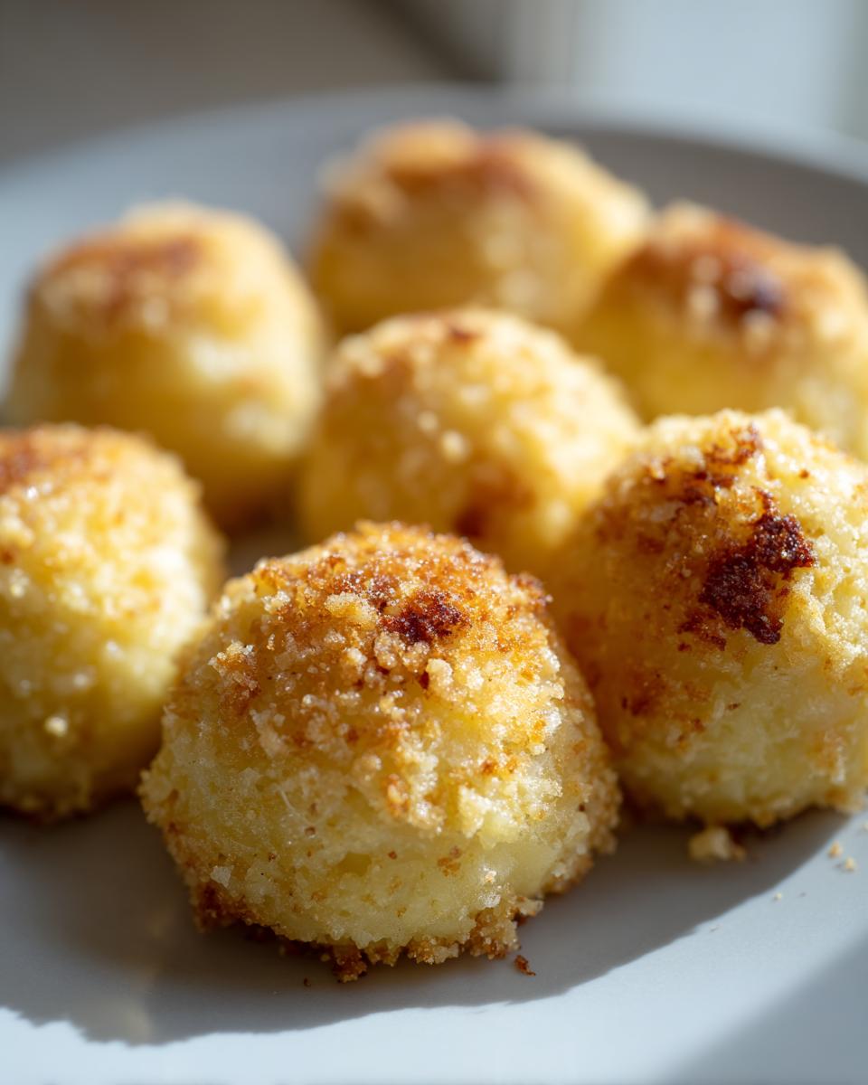 Close-up of several golden brown, pan-fried potato dumplings coated in breadcrumbs on a light grey plate.