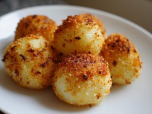 Close-up of several golden brown potato dumplings coated in toasted breadcrumbs on a white plate.